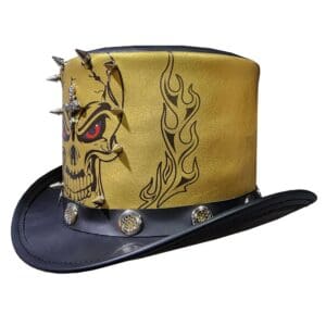 Home Gothic Red Eye Skull Gold Edition Mens Leather Top Hat
