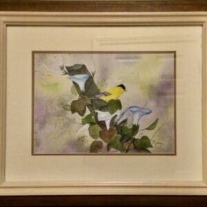 Handsome Little Goldfinch And Morning Glories Watercolor Print