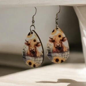 Adorable Highland Cow On Silver Bucket Teardrop Earrings