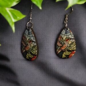 Gorgeous Teardrop Stained Glass Hummingbird Earrings