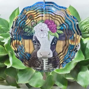 Boho Cow With Flower Crown Wind Spinner