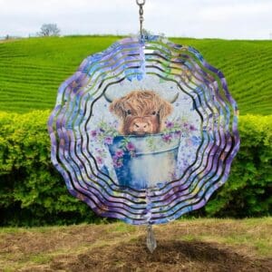 Gorgeous Purple Floral Highland Cow In Bucket Wind Spinner