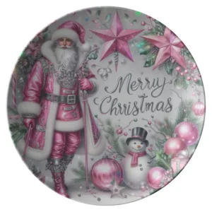 Merry Christmas Plate With Pink Santa Claus-1