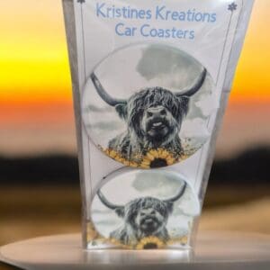 Highland Cow With Sunflower Ceramic Car Coasters