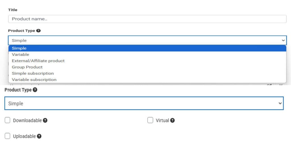 Entering Simple Products Product Types Screenshot