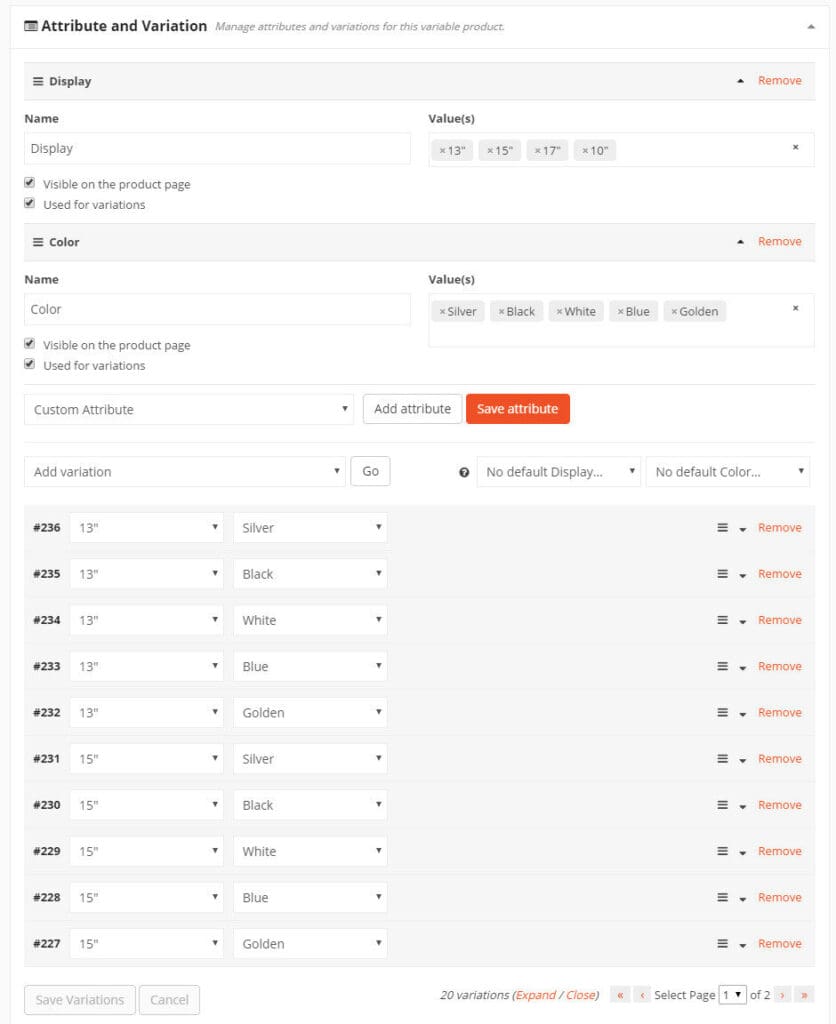 Variable Products Created-Variables-List